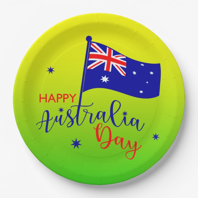 Happy Australia Day Flag Green Gold  9" Paper Plates (Front)