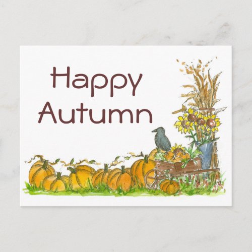 Happy Autumn Black Crow Pumpkins Harvest Postcard