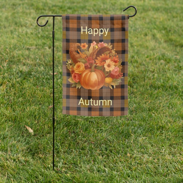 Happy Autumn Harvest Plaid  Garden Flag (In SItu)