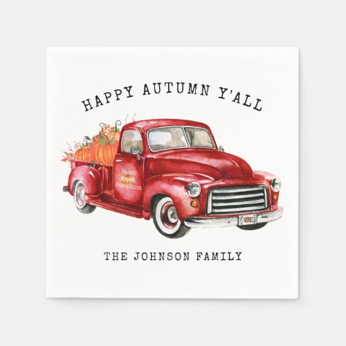 Happy Autumn Red Truck Pumpkins Personalized Napkins