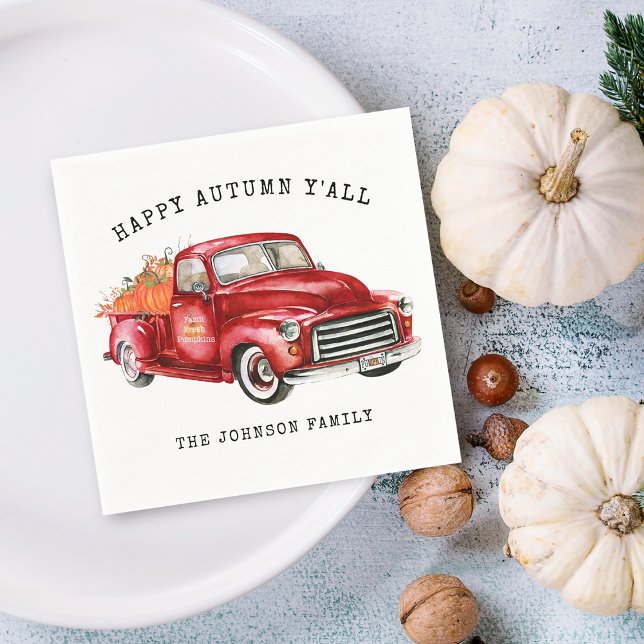 Happy Autumn Red Truck Pumpkins Personalized Napkins (Happy Autumn Red Truck Pumpkins Personalized Napkins)