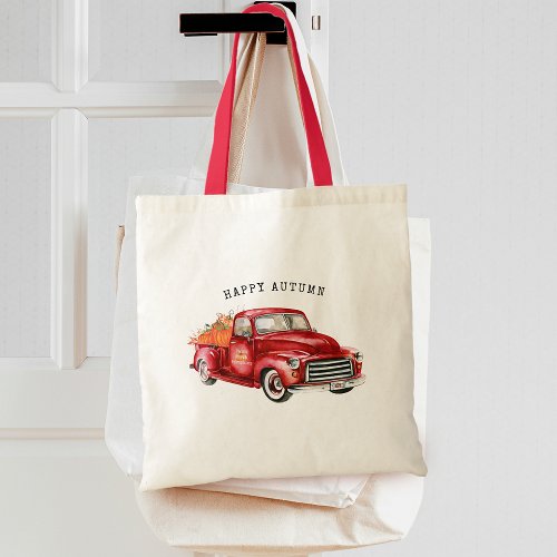 Happy Autumn Red Truck Pumpkins Tote Bag