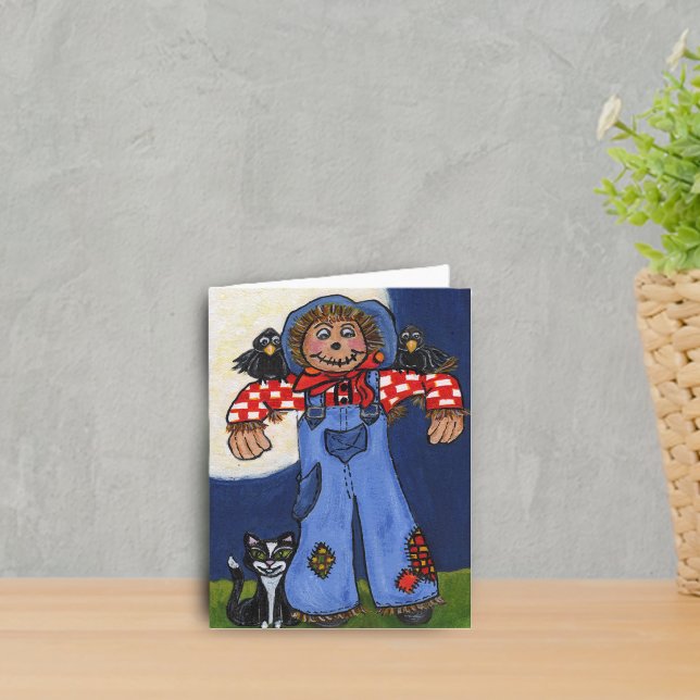 Happy Autumn Scarecrow Card (Cute scarecrow with cat and black crows under full moon on notecards.)