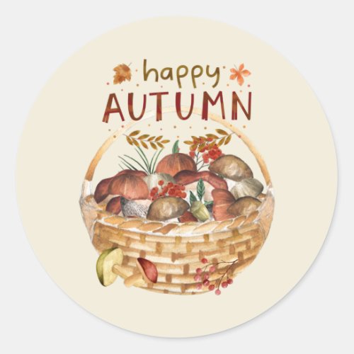 Happy Autumn Wild Mushroom Basket Harvest   Classic Round Sticker