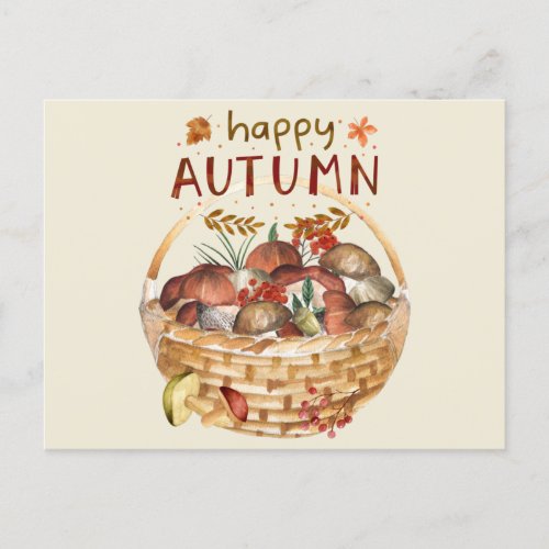 Happy Autumn Wild Mushroom Basket Harvest Postcard