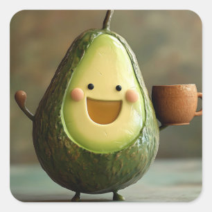 Happy Avocado Enjoying a Cup of Tea Square Sticker