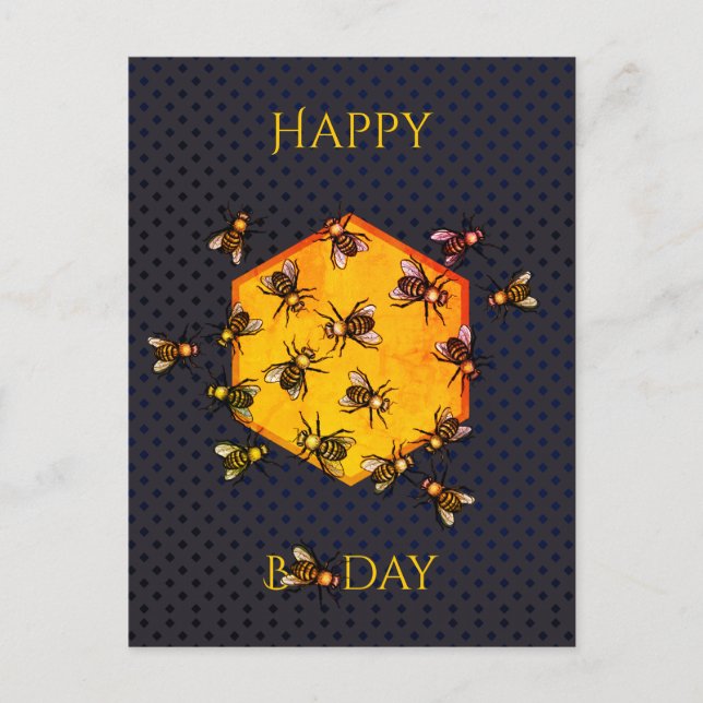 Happy B day Honey bees orange yellow fun birthday Postcard (Front)