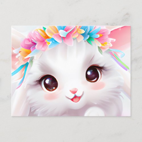 Happy Baby Bunny with Flowers and a Rainbow  Postcard