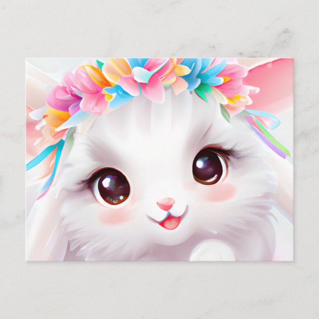 Happy Baby Bunny with Flowers and a Rainbow  Postcard (Front)