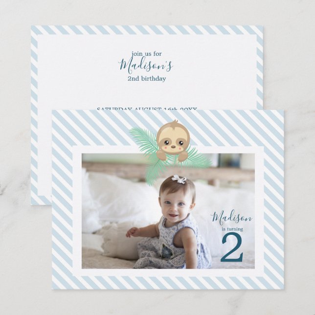 Happy Baby Sloth 2nd Birthday Party Invitation (Front/Back)