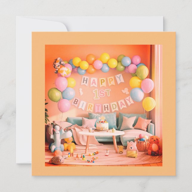  Happy Balloons First Birthday Card Invitation  (Front)