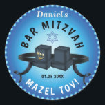Happy Bar Mitzvah 20XX Blue Decorative Classic Round Sticker<br><div class="desc">Happy Bar Mitzvah 20XX Template. Tefillin on Blue color pattern with star of David. Modern Design.  Religious Events Bar Mitzvahs.</div>