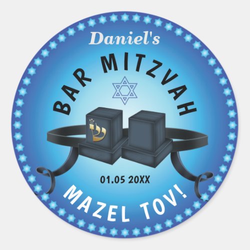 Happy Bar Mitzvah 20XX Blue Decorative Classic Round Sticker