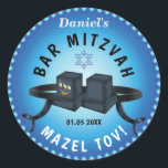Happy Bar Mitzvah 20XX Blue Decorative Classic Round Sticker<br><div class="desc">Happy Bar Mitzvah 20XX Template. Tefillin on Blue color pattern with star of David. Modern Design.  Religious Events Bar Mitzvahs.</div>