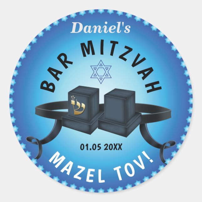 Happy Bar Mitzvah 20XX Blue Decorative Classic Round Sticker (Front)