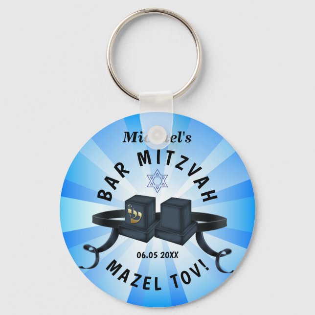 Happy Bar Mitzvah 20XX Blue Decorative Keychain (Front)