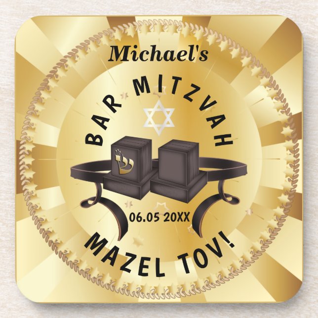 Happy Bar Mitzvah 20XX Gold Decorative  Beverage Coaster (Front)