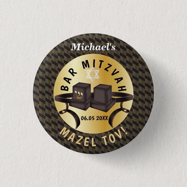 Happy Bar Mitzvah 20XX Gold Decorative  Button (Front)