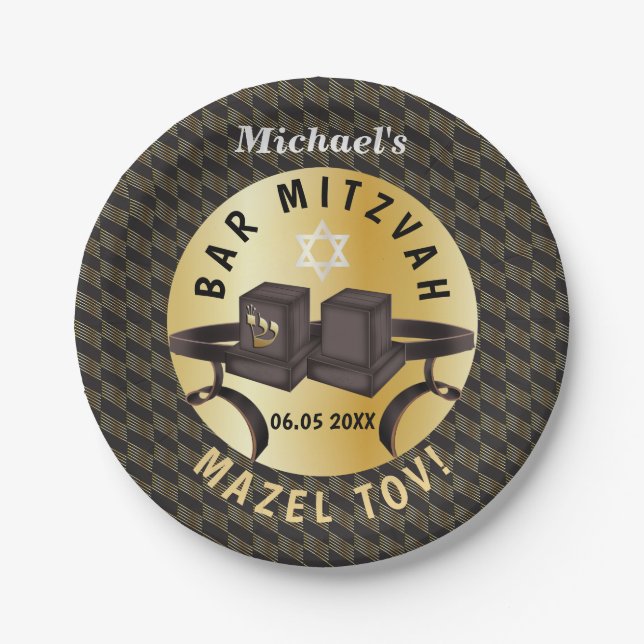 Happy Bar Mitzvah 20XX Gold Decorative  Paper Plates (Front)