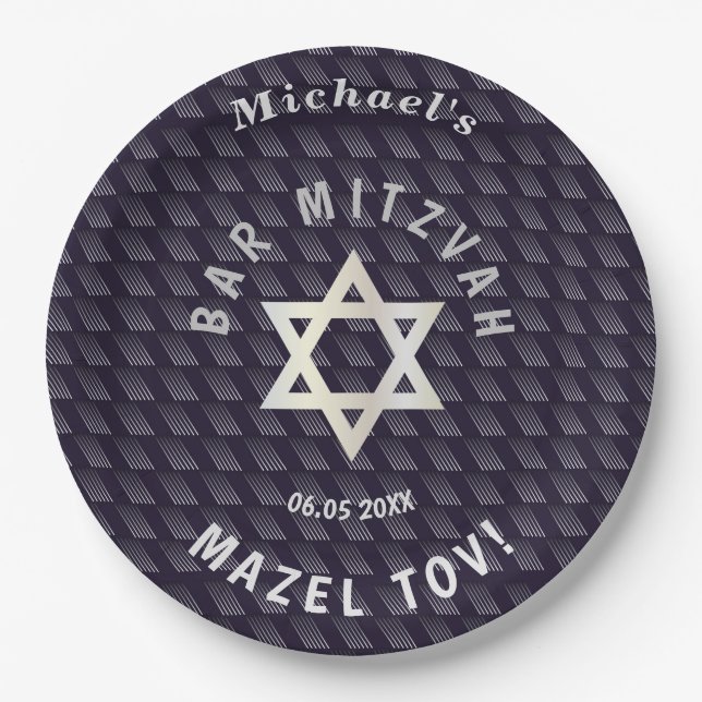 Happy Bar Mitzvah 20XX navy blue stylish pattern Paper Plates (Front)
