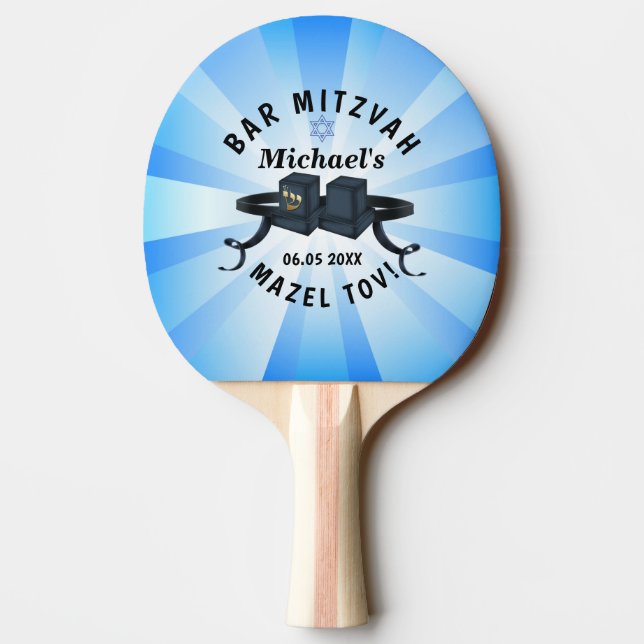 Happy Bar Mitzvah 20XX Party Blue Personalize Ping Pong Paddle (Back)