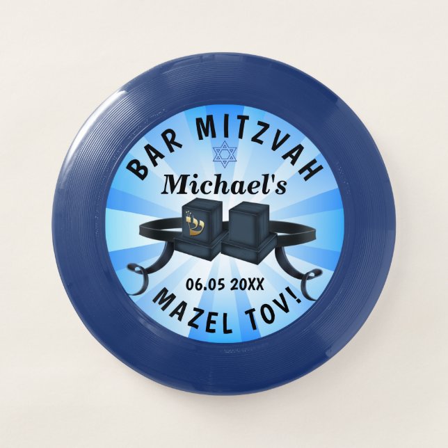 Happy Bar Mitzvah 20XX Party Blue Personalize Wham-O Frisbee (Front)