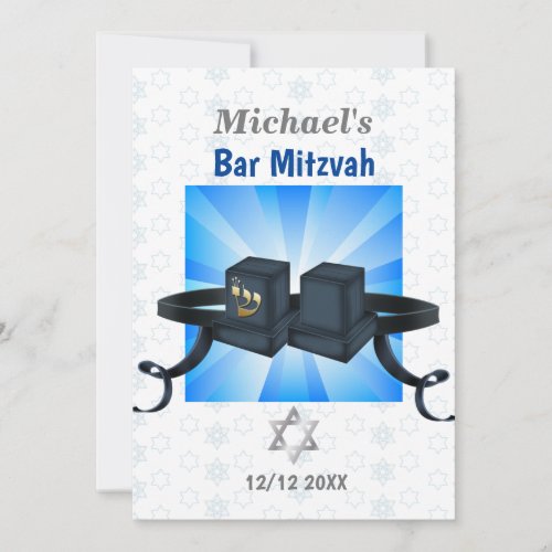 Happy Bar Mitzvah 20XX Tefillin Blue Invitation