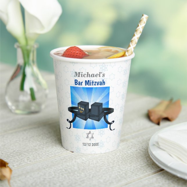 Happy Bar Mitzvah 20XX Tefillin Blue Invitation Paper Cups (Insitu)