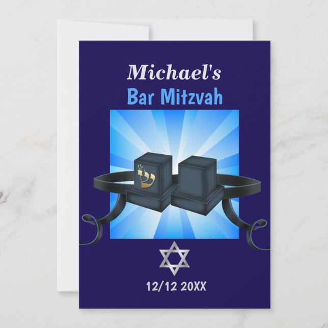 Happy Bar Mitzvah 20XX Tefillin Blue Personalized Holiday Card (Front)