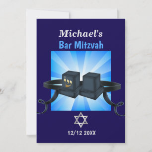 Happy Bar Mitzvah 20XX Tefillin Blue Personalized Holiday Card
