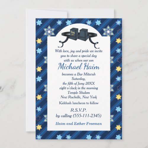 Happy Bar Mitzvah 20XX Tefillin Blue Star Modern Invitation