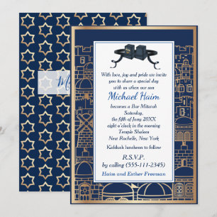 Happy Bar Mitzvah 20XX Tefillin Gold Jerusalem Invitation