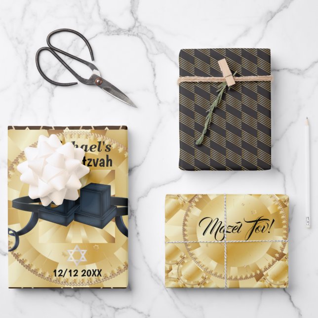 Happy Bar Mitzvah 20XX Tefillin Modern Personalize Wrapping Paper Sheets (Front)