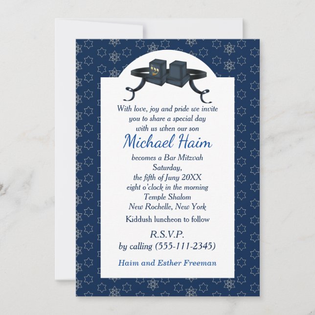 Happy Bar Mitzvah 20XX Tefillin Star Personalized Holiday Card (Front)