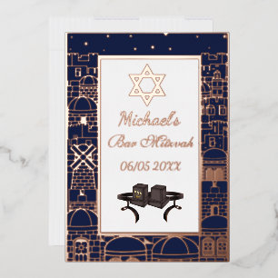 Happy Bar Mitzvah Jerusalem Kotel Tefillin Gold  Foil Invitation