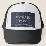 Happy Bar Mitzvah! Trucker Hat<br><div class="desc">Happy Bar Mitzvah! 20XX Birthday Decoration. Navy Blue pattern with Israel Stars. Modern Design</div>