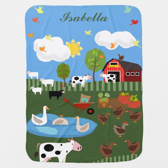 Happy Barnyard Animals Custom Name Swaddle Blanket (Front)