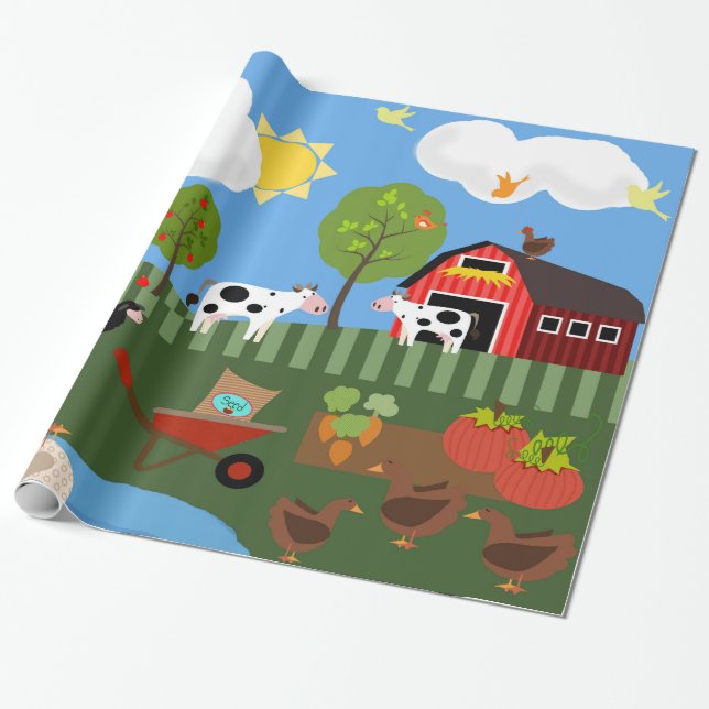 Happy Barnyard Animals (Med. & Lg. Images) Wrapping Paper (Unrolled)