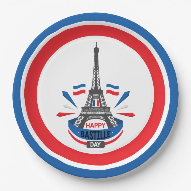 Happy Bastille Day Eiffel Tower Paper Plates (Front)