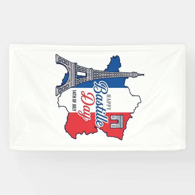 Happy Bastille Day France Map Eiffel Tower Vector_ Banner (Horizontal)