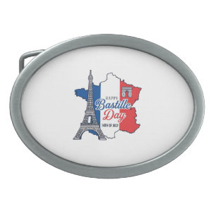 Happy Bastille Day France Map Eiffel Tower Vector_ Belt Buckle