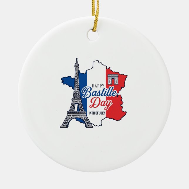 Happy Bastille Day France Map Eiffel Tower Vector_ Ceramic Ornament (Front)