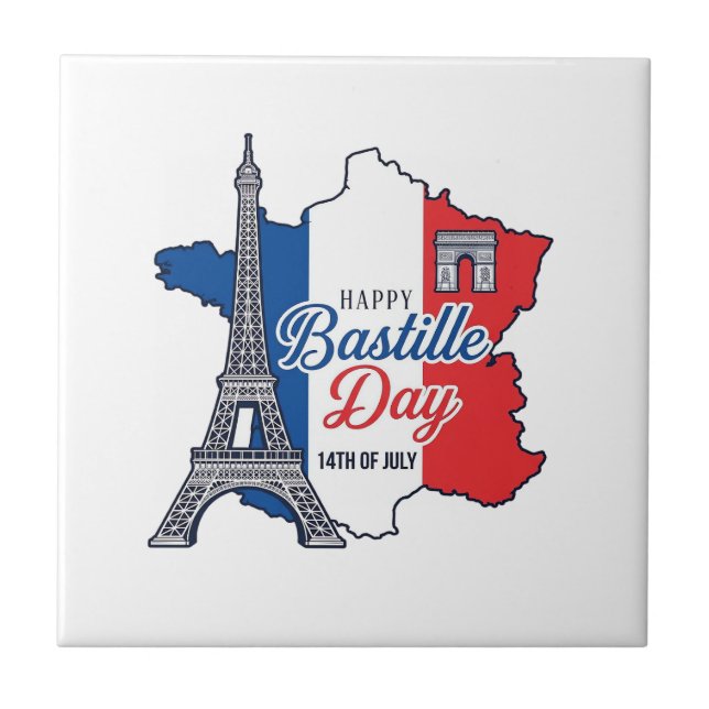 Happy Bastille Day France Map Eiffel Tower Vector_ Ceramic Tile (Front)