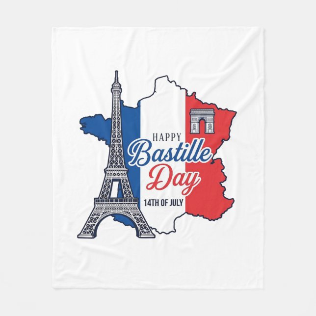 Happy Bastille Day France Map Eiffel Tower Vector_ Fleece Blanket (Front)