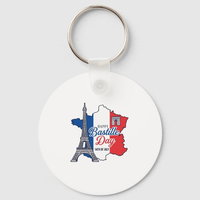 Happy Bastille Day France Map Eiffel Tower Vector_ Keychain (Front)