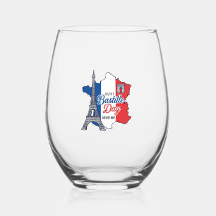 Happy Bastille Day France Map Eiffel Tower Vector_ Stemless Wine Glass
