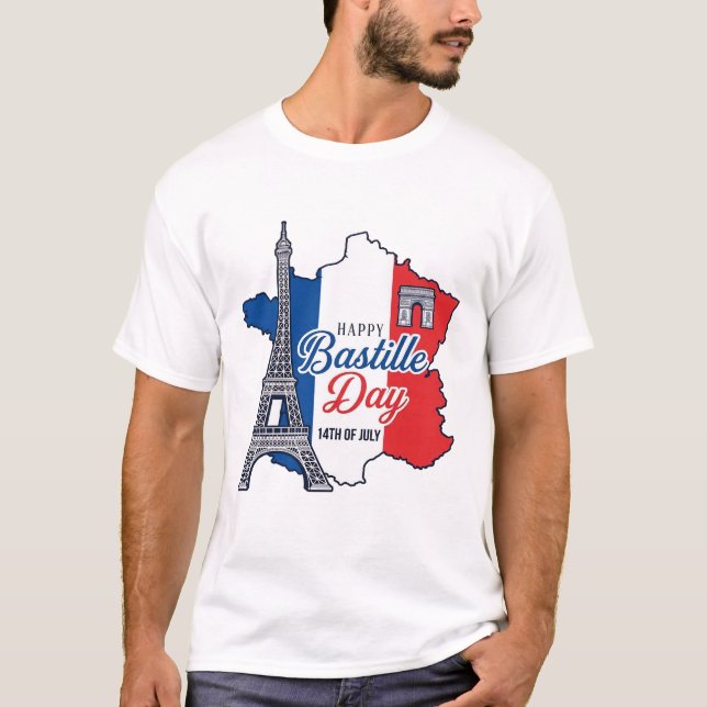 Happy Bastille Day France Map Eiffel Tower Vector_ T-Shirt (Front)