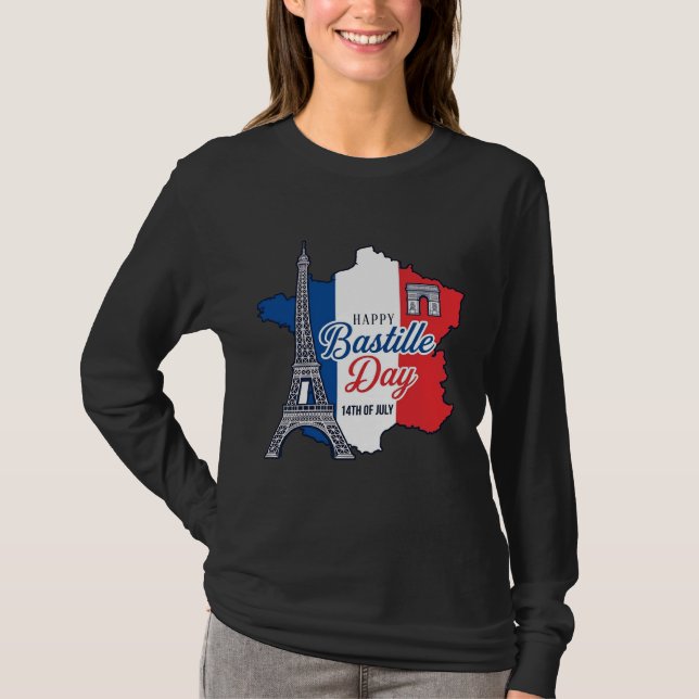 Happy Bastille Day France Map Eiffel Tower Vector_ T-Shirt (Front)