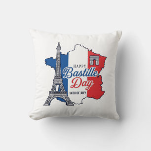 Happy Bastille Day France Map Eiffel Tower Vector_ Throw Pillow