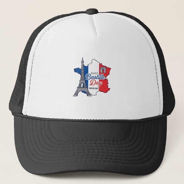 Happy Bastille Day France Map Eiffel Tower Vector_ Trucker Hat (Front)